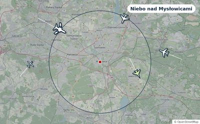 Mapa okolic miasta z sylwetkami samolotów — Niebo nad Mysłowicami na żywo
