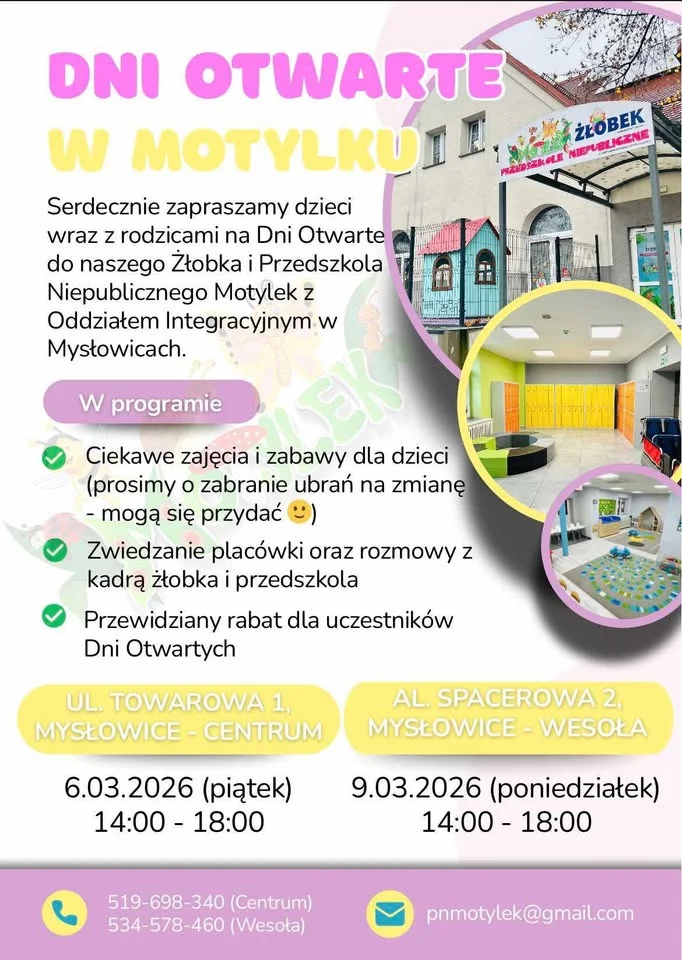Grafika promocyjna wydarzenia Dni otwarte w Przedszkolu Niepublicznym Motylek z Oddziałem Integracyjnym (Mysłowice)
