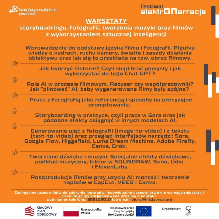 Grafika promocyjna wydarzenia ElektONarracje. Warsztaty AI w fotografii i filmie