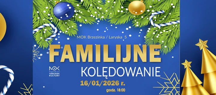Grafika promocyjna wydarzenia Familijne Kolędowanie w MOK Brzezinka — rodzinny koncert kolęd