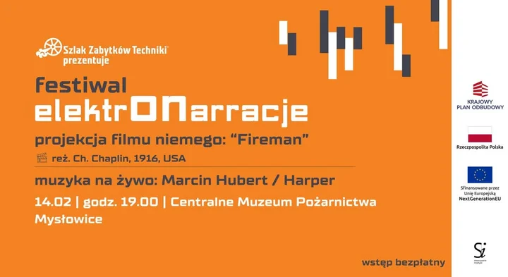 Grafika promocyjna wydarzenia Festiwal ElektrONarracje w Mysłowicach — nieme filmy z muzyką na żywo w Centralnym Muzeum Pożarnictwa