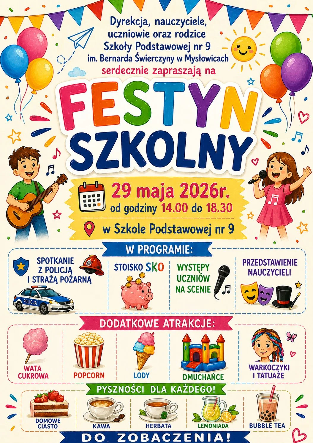 Grafika promocyjna wydarzenia Festyn Szkolny w Mysłowicach – popołudnie pełne szkolnej atmosfery
