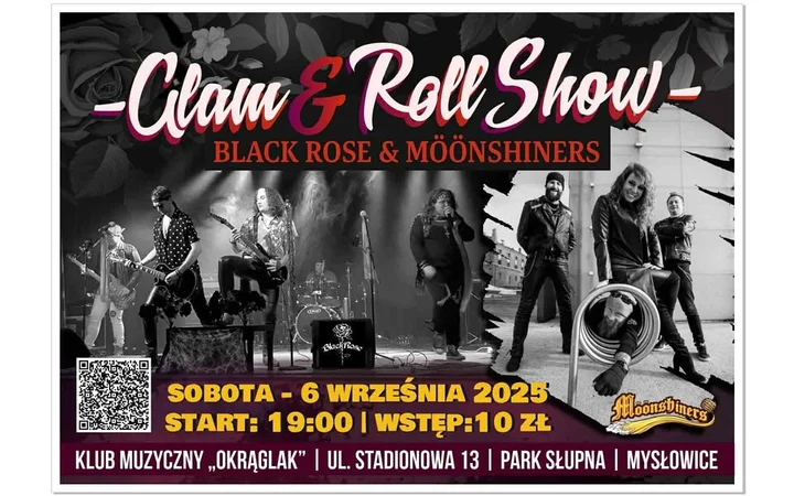 Obrazek przedstawia grafikę promocyjną wydarzenia Koncert Black Rose i Möönshiners w Klubie Okrąglak w Mysłowicach