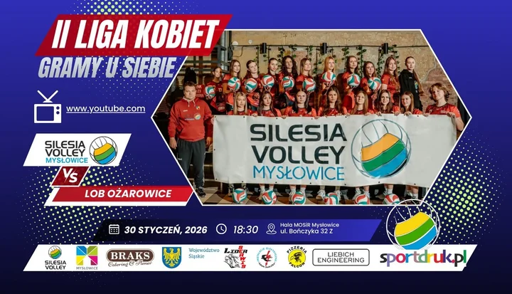 Grafika promocyjna wydarzenia II LIGA KOBIET w Mysłowicach — powrót do gry w Hali MOSiR