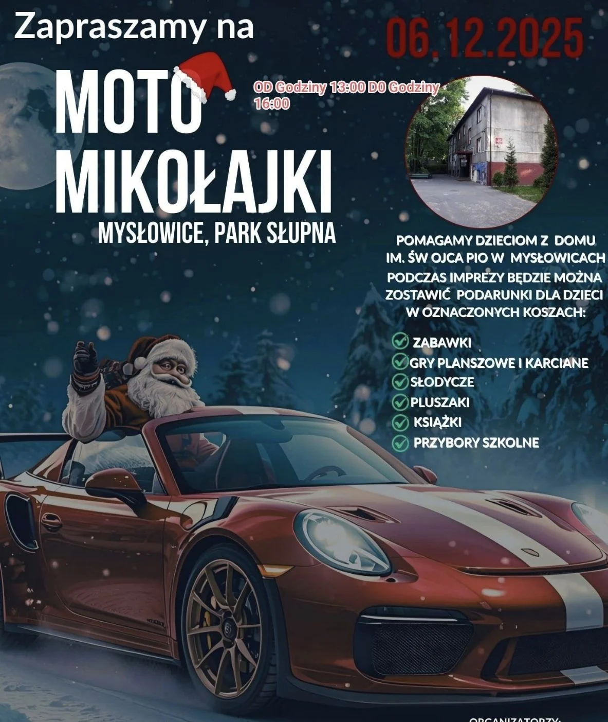 Grafika promocyjna wydarzenia Moto Mikołajki Mysłowice Park Słupna — spotkanie motoryzacyjnych Świętych Mikołajów