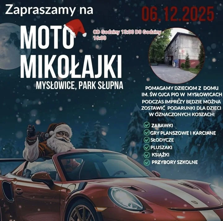 Grafika promocyjna wydarzenia Moto Mikołajki Park Słupna Mysłowice — motoryzacyjna zbiórka prezentów