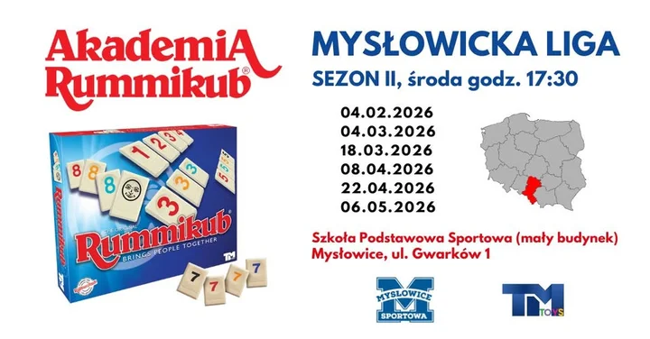 Grafika promocyjna wydarzenia Mysłowicka Liga Rummikub – sezon II. Planszowa rywalizacja wraca do miasta