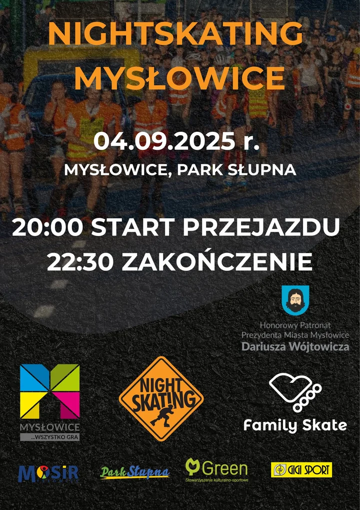 Obrazek przedstawia grafikę promocyjną wydarzenia Nocny przejazd na rolkach w Mysłowicach — trasa 16 km