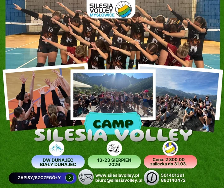 Grafika promocyjna wydarzenia SUMMER CAMP SILESIA VOLLEY 2026 w Mysłowicach – siatkarskie zgrupowanie dla aktywnych