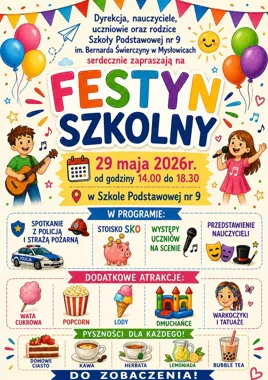 Grafika promocyjna wydarzenia Festyn Szkolny w Mysłowicach – popołudnie pełne szkolnej atmosfery