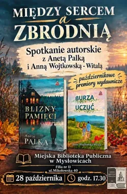 Grafika promocyjna wydarzenia Spotkanie autorskie „Między sercem, a zbrodnią” w Mysłowicach