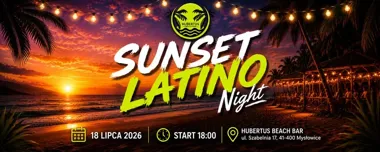 Grafika promocyjna wydarzenia Sunset Latino Night na plaży w Mysłowicach. Wieczór z tańcem, zachodem słońca i latino