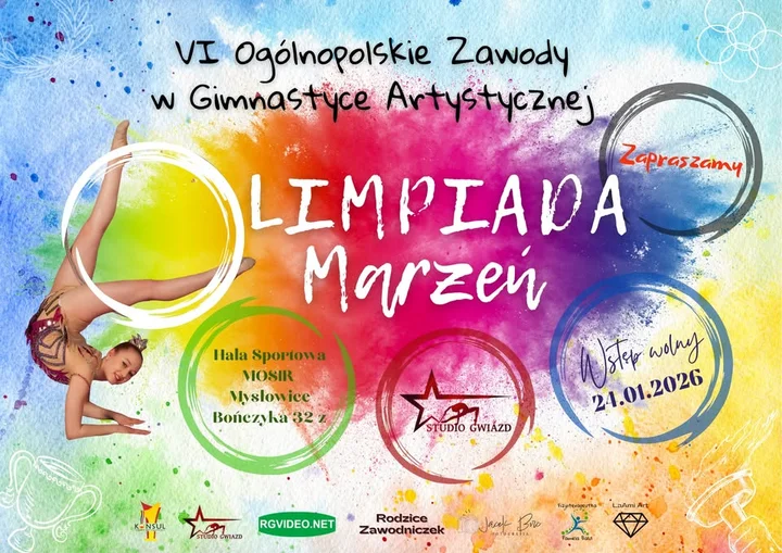 Grafika promocyjna wydarzenia VI Ogólnopolskie Zawody w Gimnastyce Artystycznej „Olimpiada Marzeń”