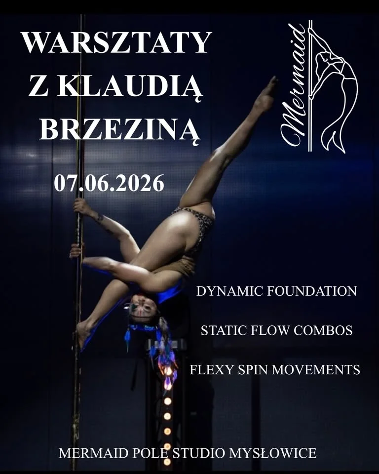 Grafika promocyjna wydarzenia Warsztaty z Klaudią Brzeziną w Mysłowicach – pole dance w trzech odsłonach