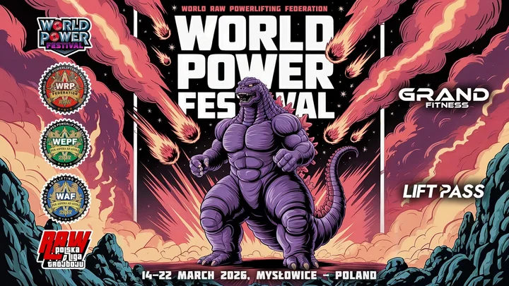 Grafika promocyjna wydarzenia WORLD POWER FESTIVAL 2026 — WRPF‑PLTRAW 3X3 Series (trójbój, strict curl, armlifting)